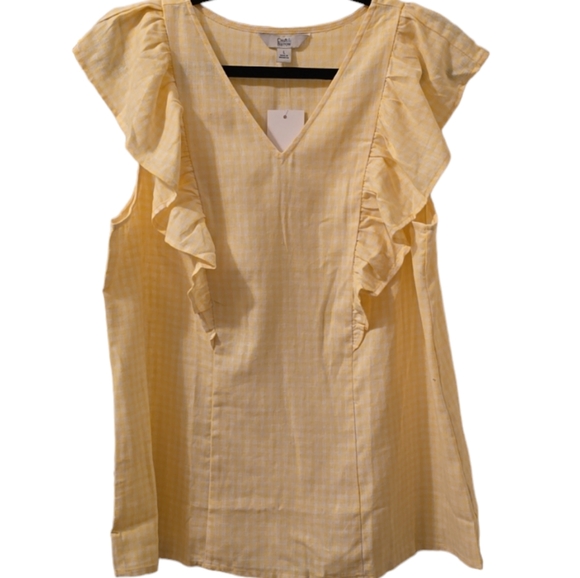 CROFT & BARROW WOMEN'S YELOW & WHITE GINGHAM TOP WITH RUFFLED SLEEVES SIZE XL - Picture 1 of 16